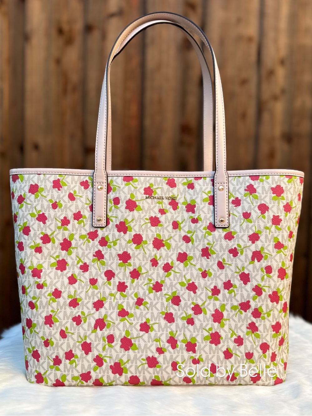 NWT Michael Kors Carter Vanilla Multi Large Open Tote Red Blossoms Purse